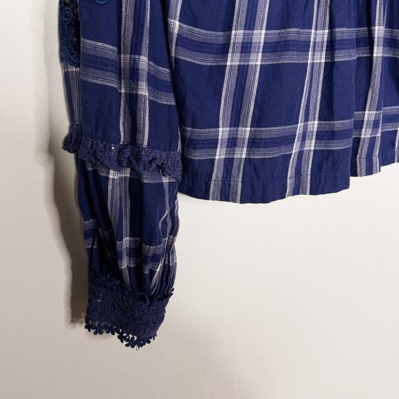 Free People S Navy Blue Darling Diana Lace Top Plaid Long Sleeve Blouse Keyhole - Picture 3 of 12